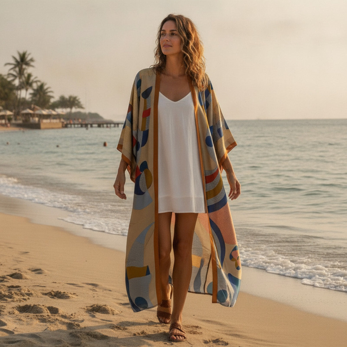 Kimono Long Bohème Femme Imprimé Polyester Léger "Silk Feeling"