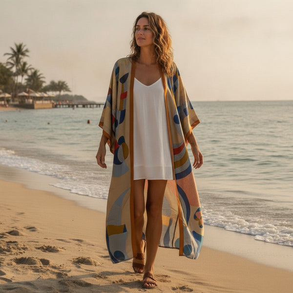 Kimono Long Bohème Femme Imprimé Polyester Léger "Silk Feeling"