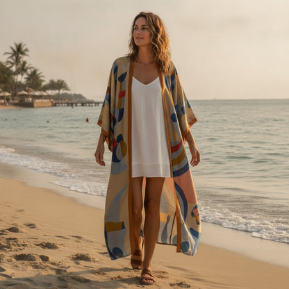 Kimono Long Bohème Femme Imprimé Polyester Léger "Silk Feeling"