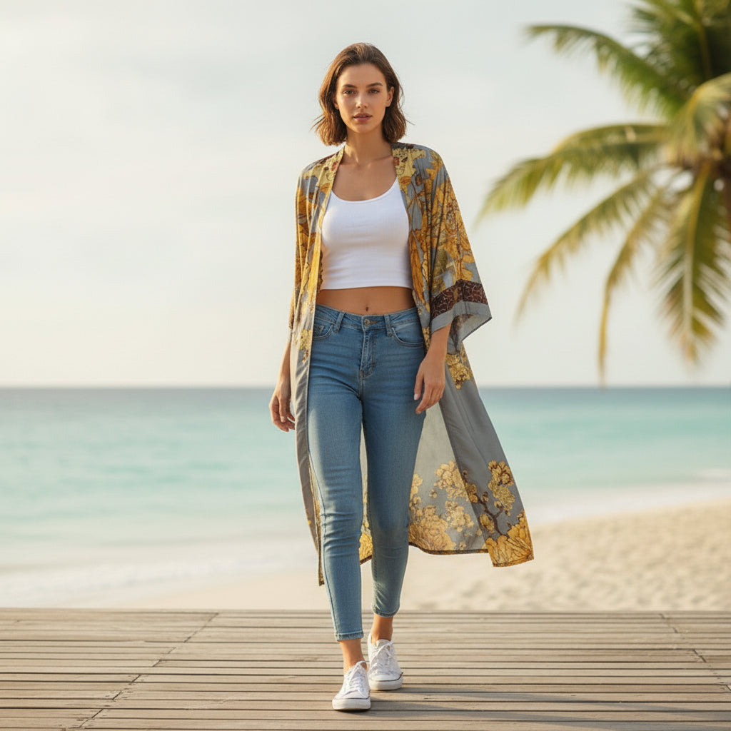 Kimono Long Bohème Imprimé Polyester Femme - Style Léger et Estival