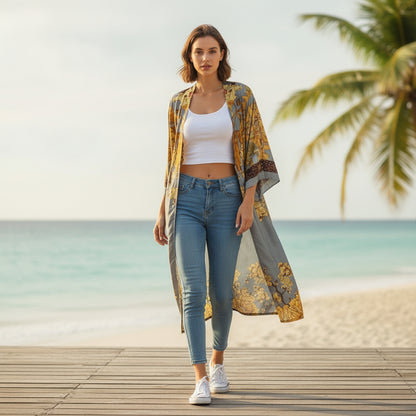 Kimono Long Bohème Imprimé Polyester Femme - Style Léger et Estival