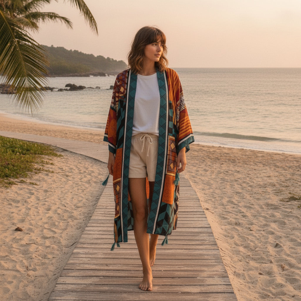 Kimono Long Bohème Femme à Motif Ethnique - Style Été Léger