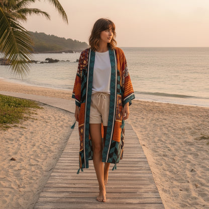 Kimono Long Bohème Femme à Motif Ethnique - Style Été Léger