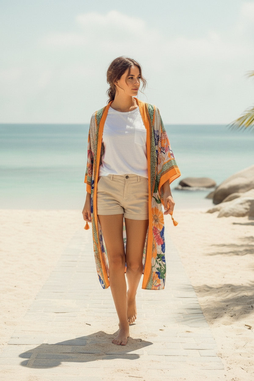 Kimono Long Bohème Femme Imprimé Fleuri Style Ethnique