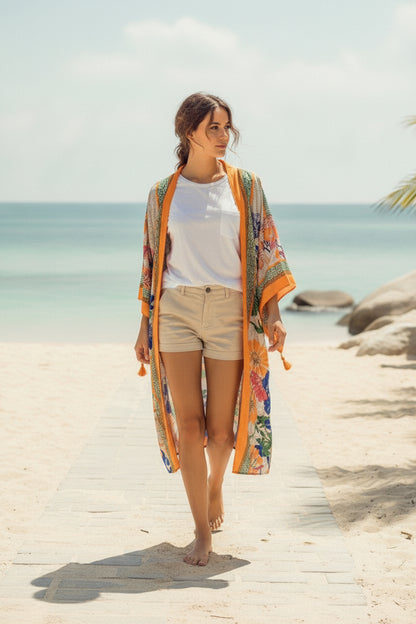 Kimono Long Bohème Femme Imprimé Fleuri Style Ethnique