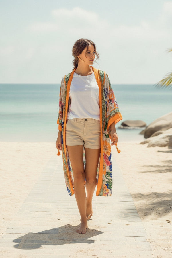 Kimono Long Bohème Femme Imprimé Fleuri Style Ethnique