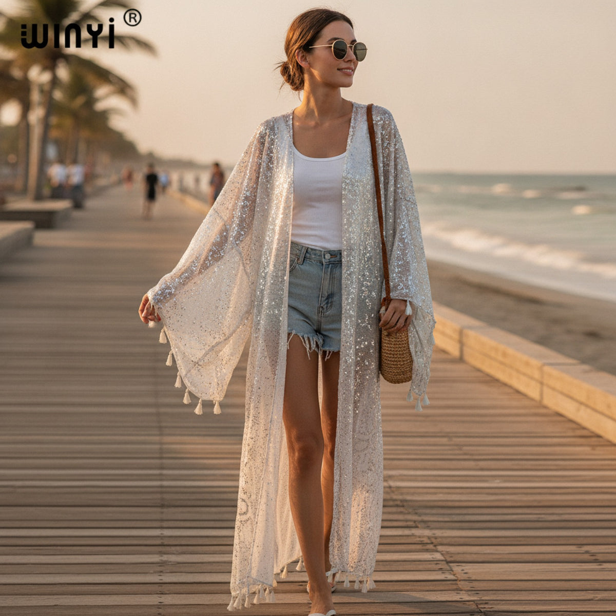 Kimono Long Brillant Argenté Femme - Style Bohème Chic