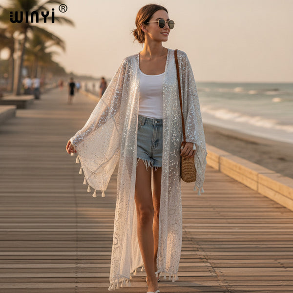 Kimono Long Brillant Argenté Femme - Style Bohème Chic