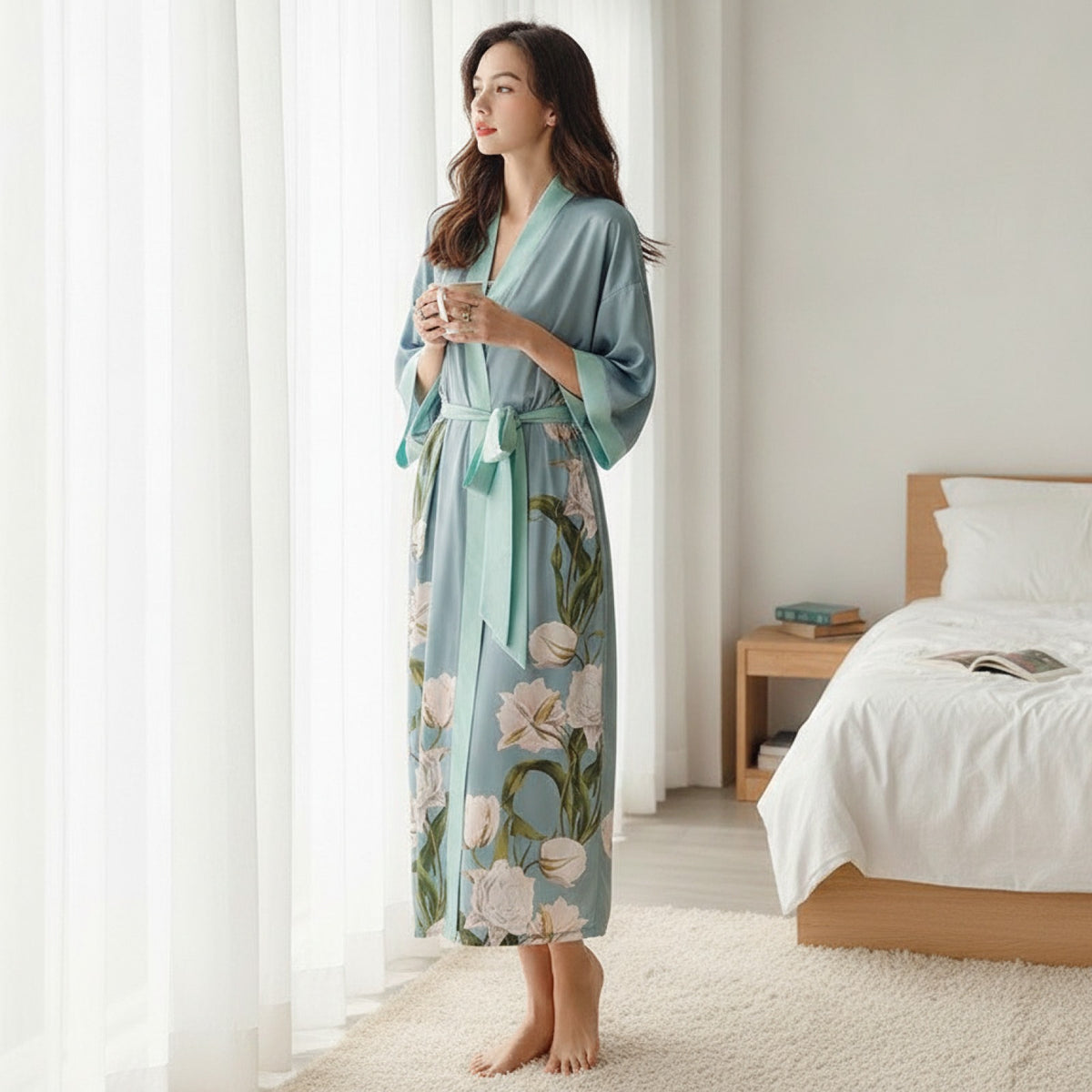 Kimono Long Fleuri en Satin pour Femme - Confort & Élégance