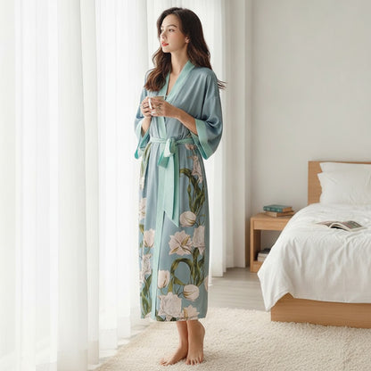 Kimono Long Fleuri en Satin pour Femme - Confort & Élégance