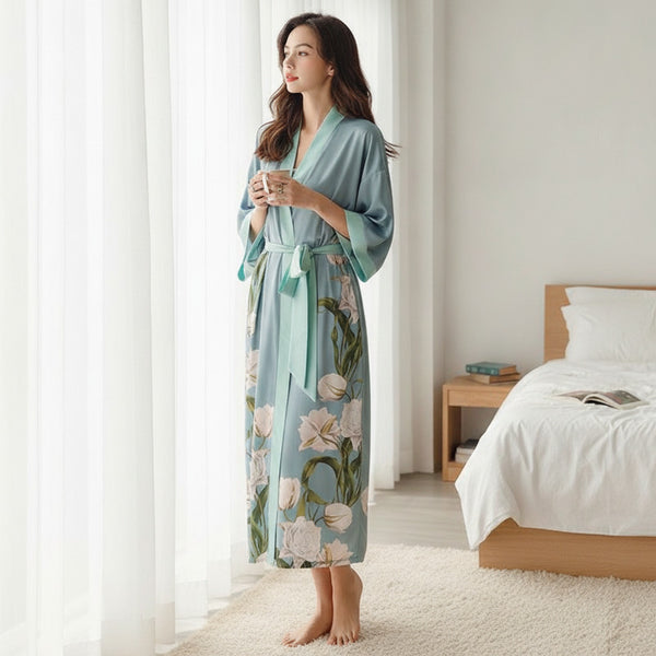 Kimono Long Fleuri en Satin pour Femme - Confort & Élégance