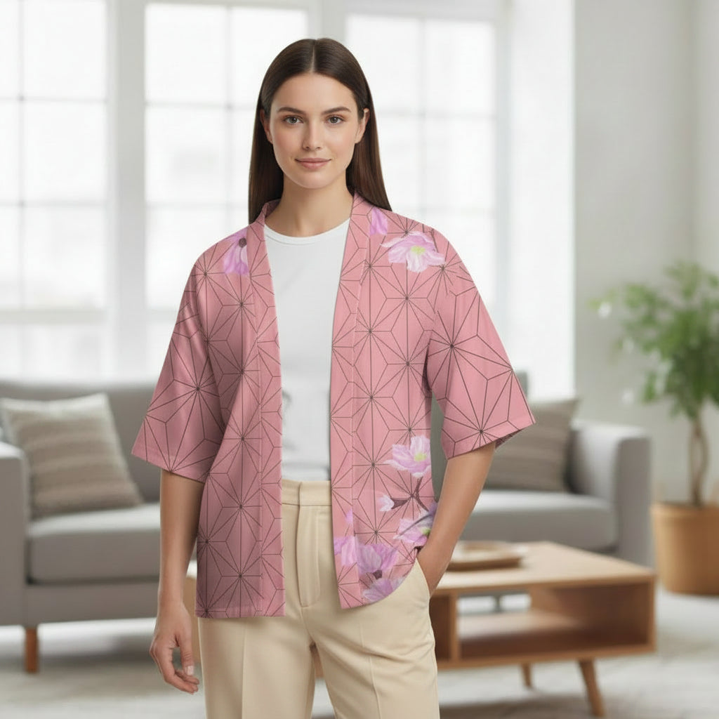 Kimono Court Polyester Style Asiatique "Rose Géométrique"
