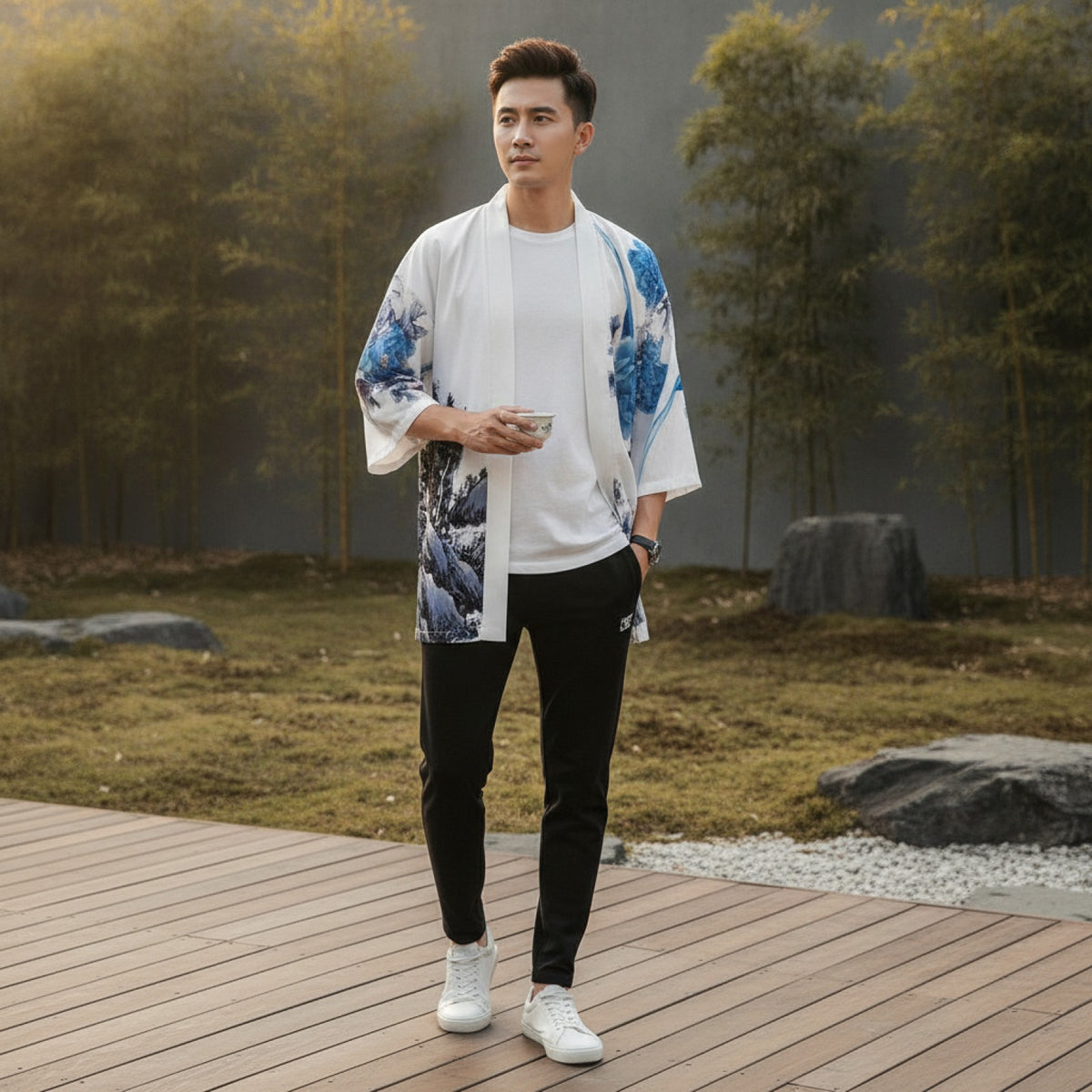 Kimono Court Homme Polyester Manches Trois-Quarts Style Traditionnel Asiatique