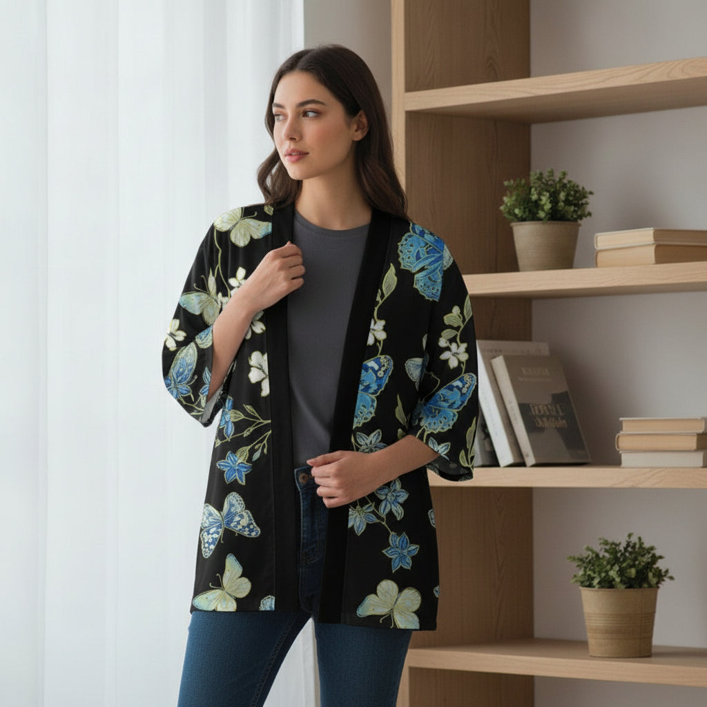 Kimono Court Polyester Motif Papillons Noir - Style Asiatique Traditionnel