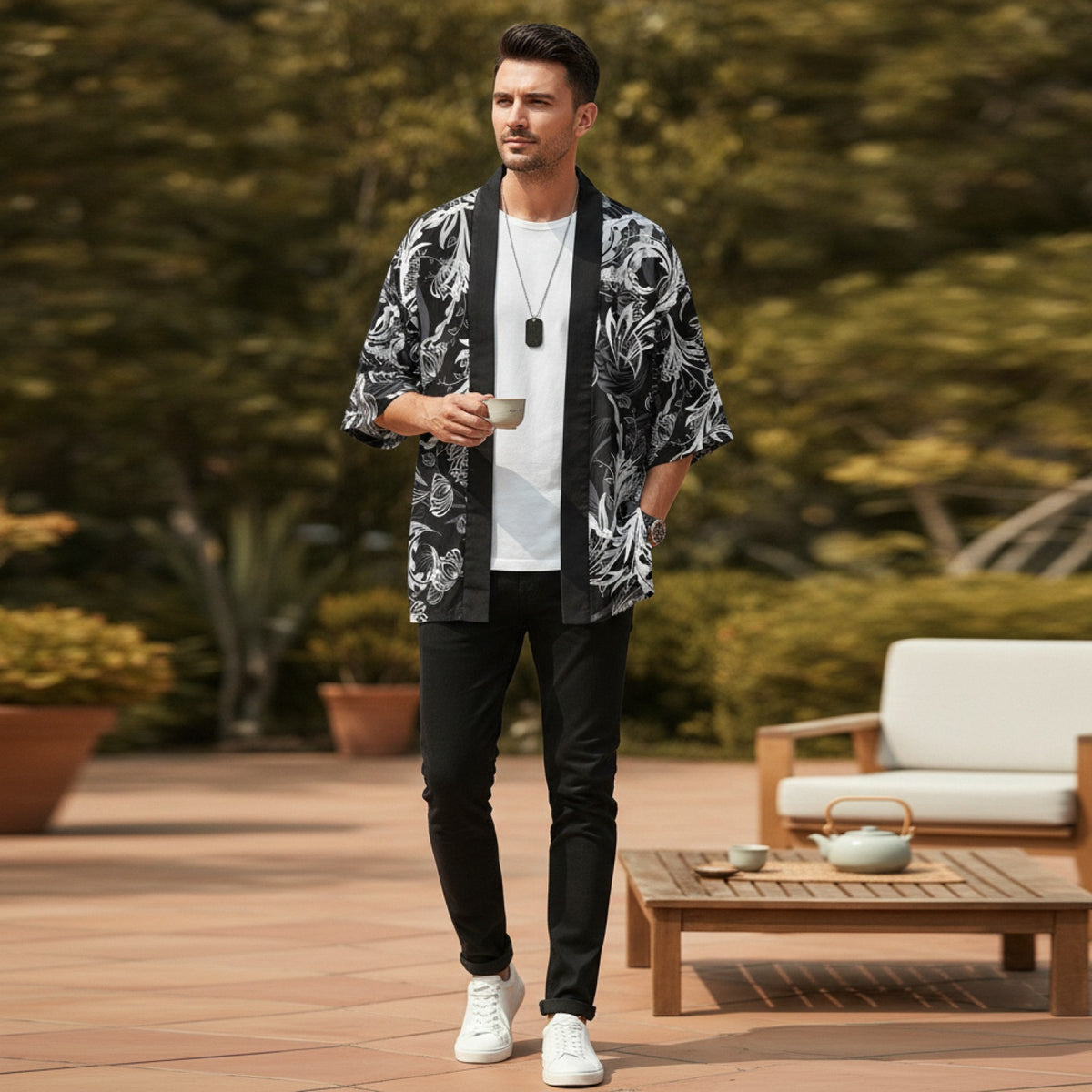Kimono Court Homme Polyester Style Asiatique Traditionnel