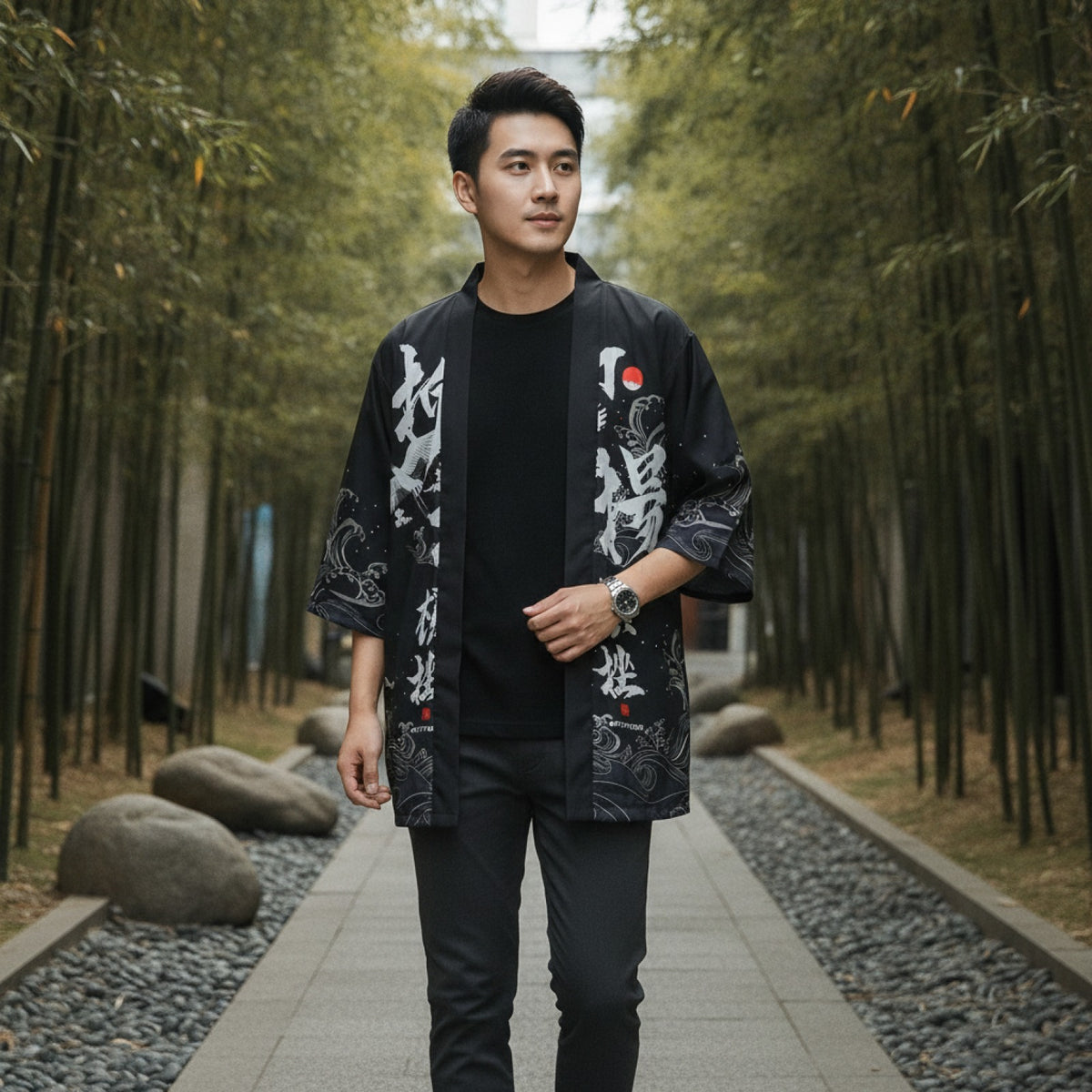 Kimono Court Homme Polyester Manches Trois-Quarts Style Traditionnel Asiatique