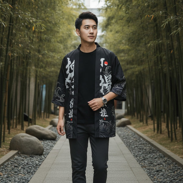 Kimono Court Homme Polyester Manches Trois-Quarts Style Traditionnel Asiatique