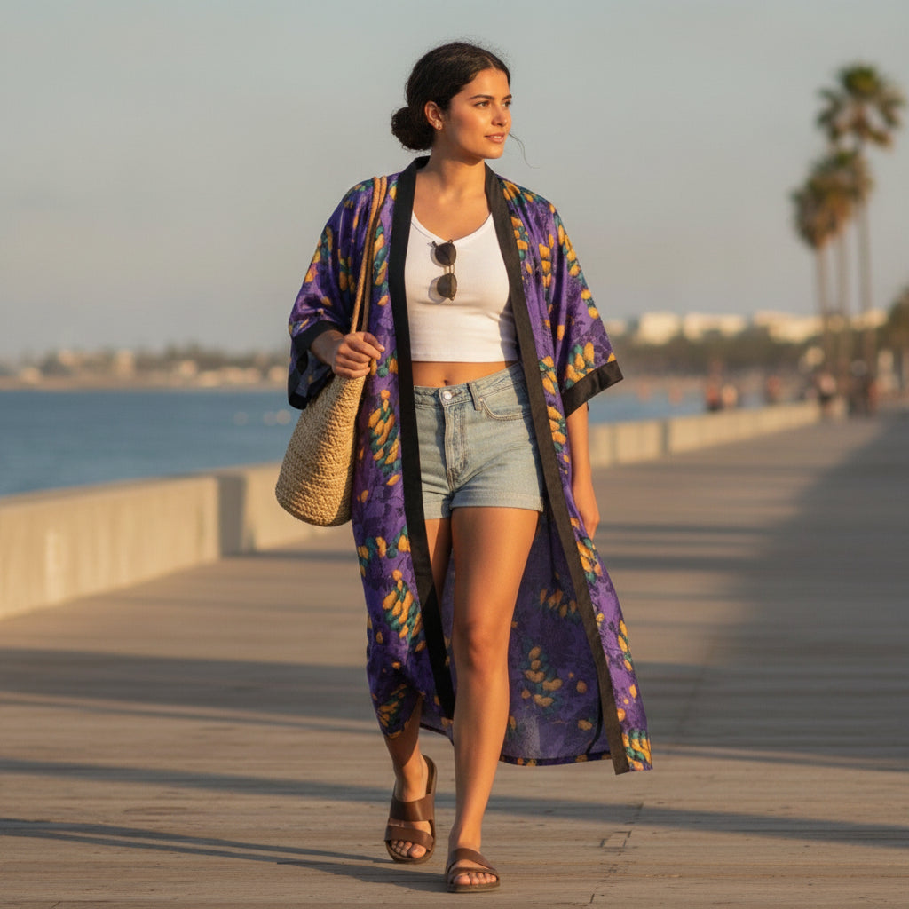 Kimono Long Bohème Imprimé Polyester Femme - Style Léger et Fleuri