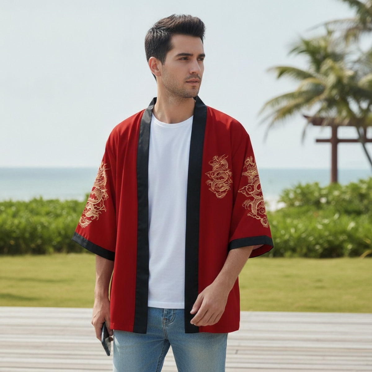 Kimono Court Mixte Polyester Imprimé Style Japonais