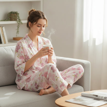 Pyjama Femme en Coton V-Neck Imprimé Manches Trois-Quarts - CLOUD COTTON STORY