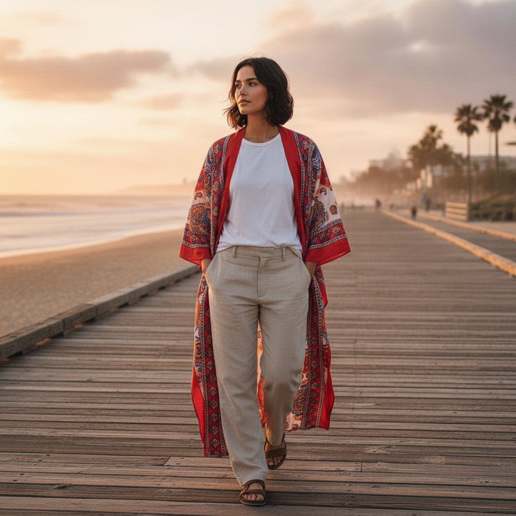 Kimono Long Bohème Femme Imprimé Fleuri Style Été