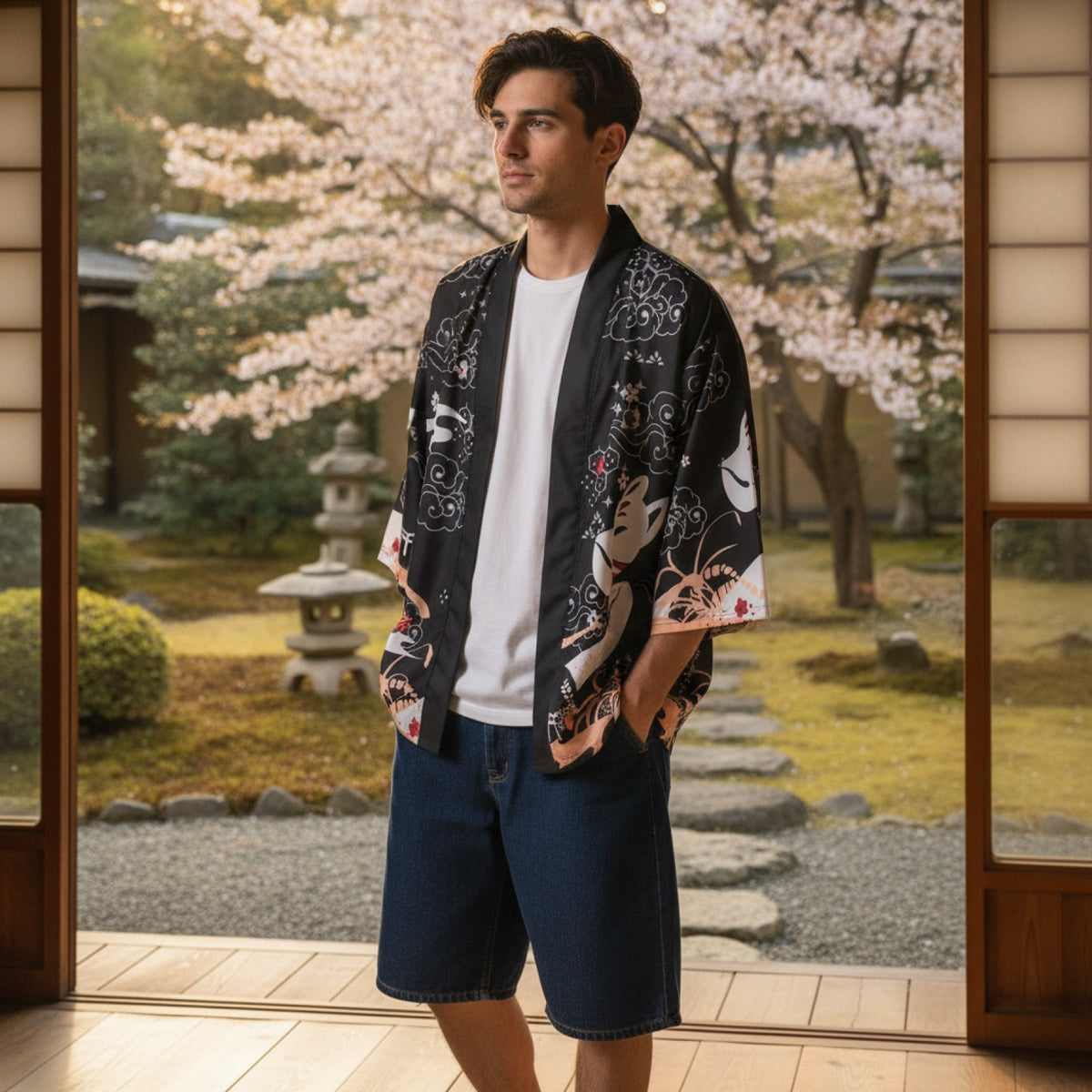 Kimono Court Unisexe Motif Renard - Style Japonais Traditionnel en Polyester Léger