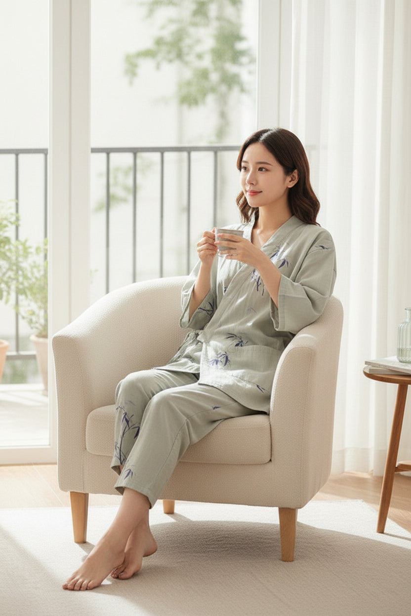 Pyjama Femme 100% Coton - Style Kimono Japonais Imprimé