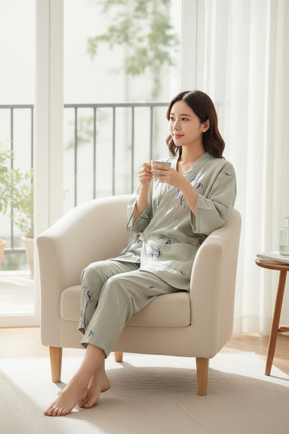 Pyjama Femme 100% Coton - Style Kimono Japonais Imprimé