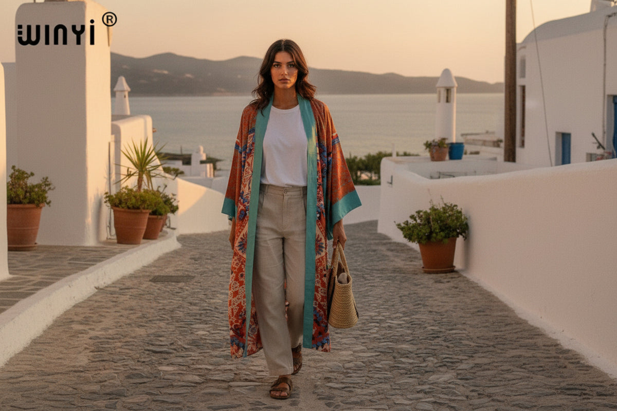 Kimono Long Bohème Femme - Motif Ethnique Imprimé Main
