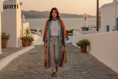 Kimono Long Bohème Femme - Motif Ethnique Imprimé Main