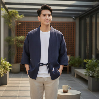 Kimono Court Homme Casual Printemps/Été en Coton et Lin