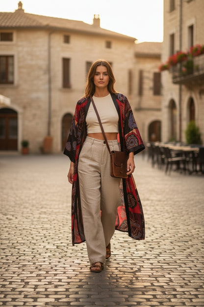 Kimono Long Bohème Imprimé Polyester Femme - Style Léger d'Été