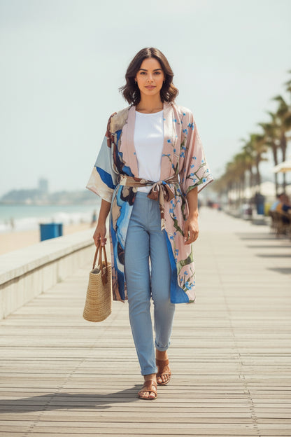 Kimono Long Imprimé Bohème Polyester Femme - Style Léger d'Été