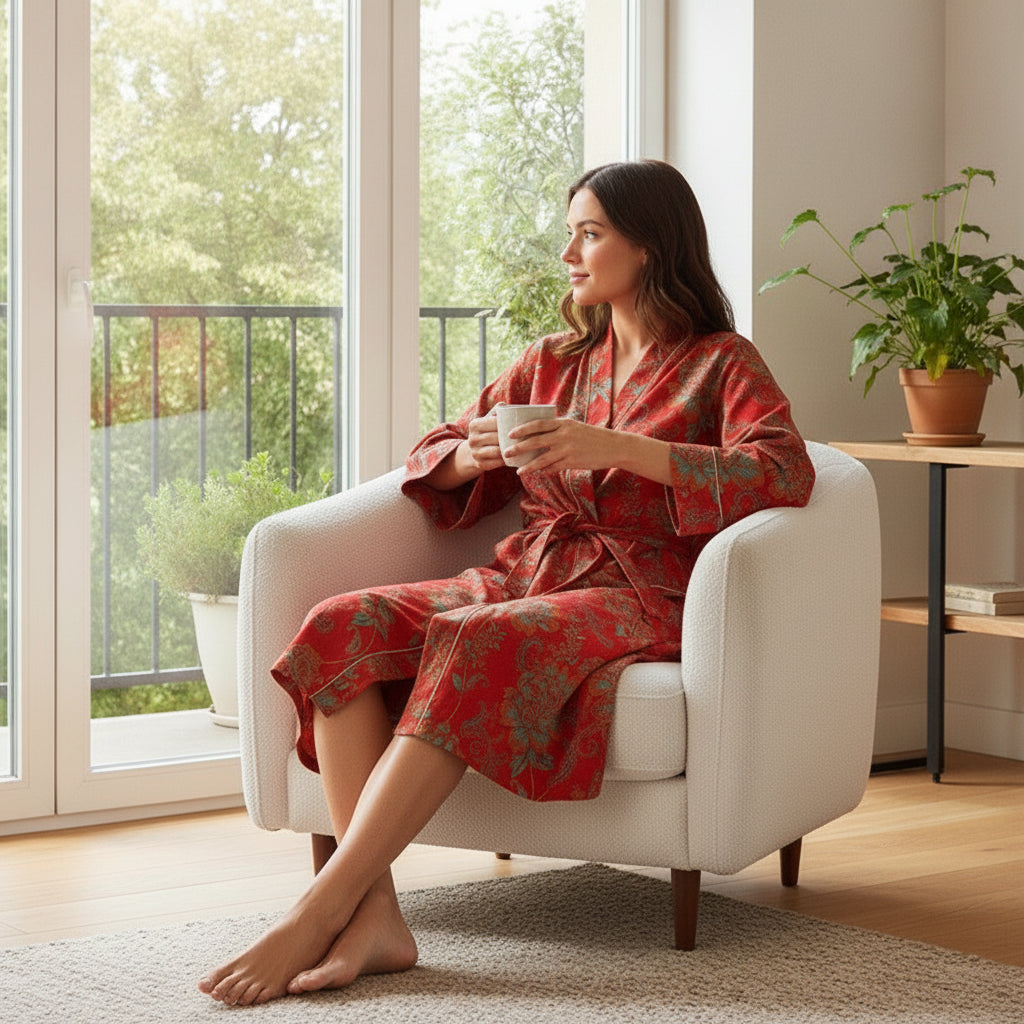 Kimono Mi-long Fleuri Femme en Coton Léger