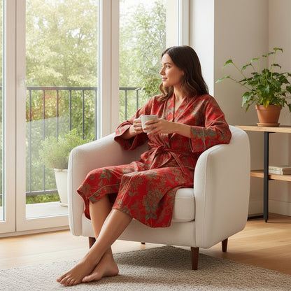 Kimono Mi-long Fleuri Femme en Coton Léger