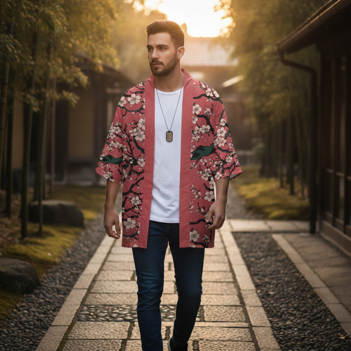Kimono Court Homme Polyester Manches Trois-Quarts Style Traditionnel Asiatique