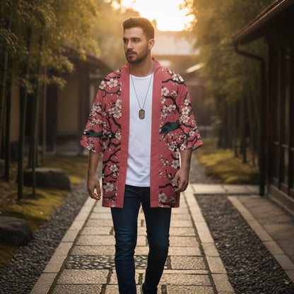 Kimono Court Homme Polyester Manches Trois-Quarts Style Traditionnel Asiatique