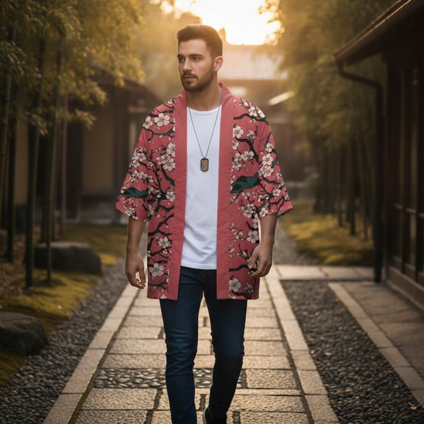 Kimono Court Homme Polyester Manches Trois-Quarts Style Traditionnel Asiatique