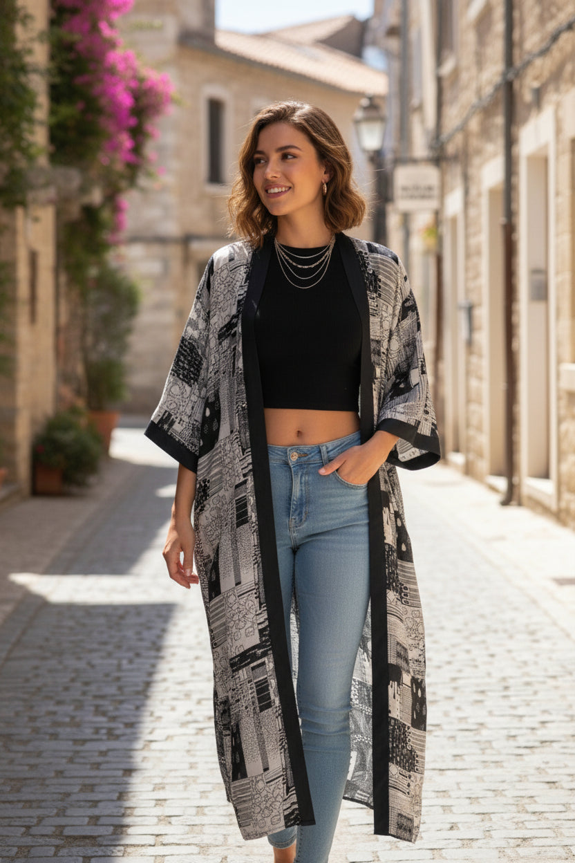 Kimono Long Femme Bohème – Cardigan Imprimé Léger Taille Unique