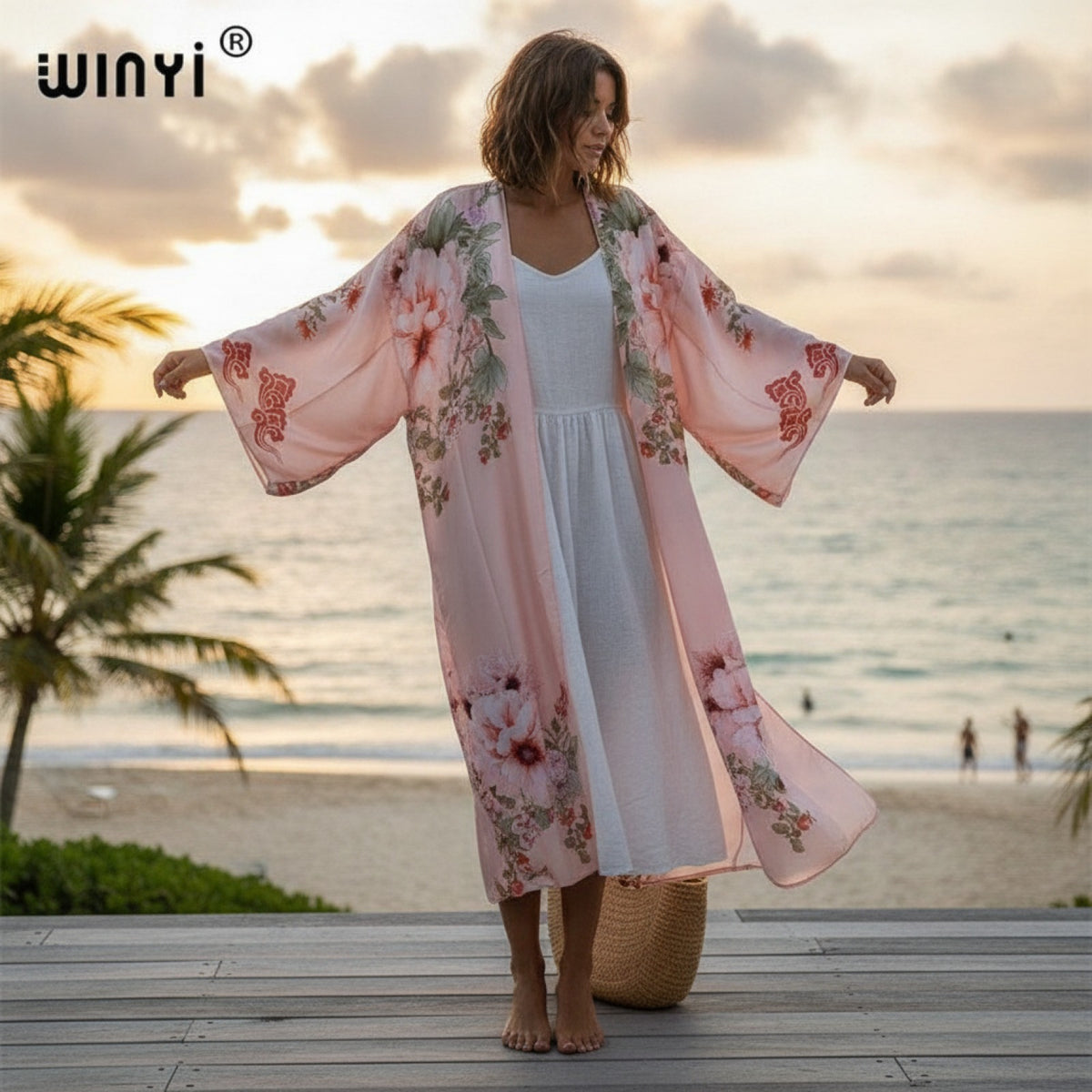 Kimono Long Bohème Imprimé Polyester Femme - Style Léger d'Été