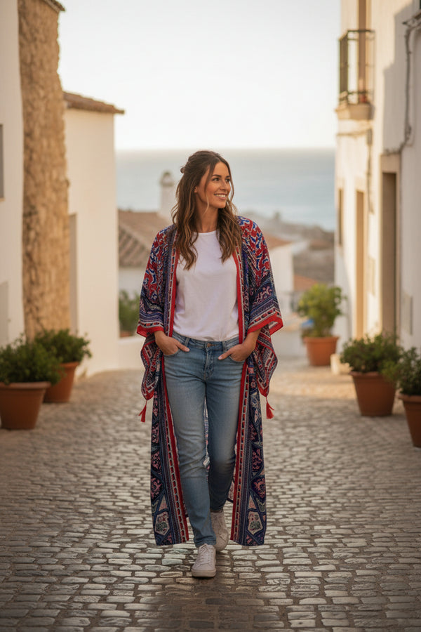 Kimono Long Bohème Femme Imprimé Fleuri Manches Chauve-Souris