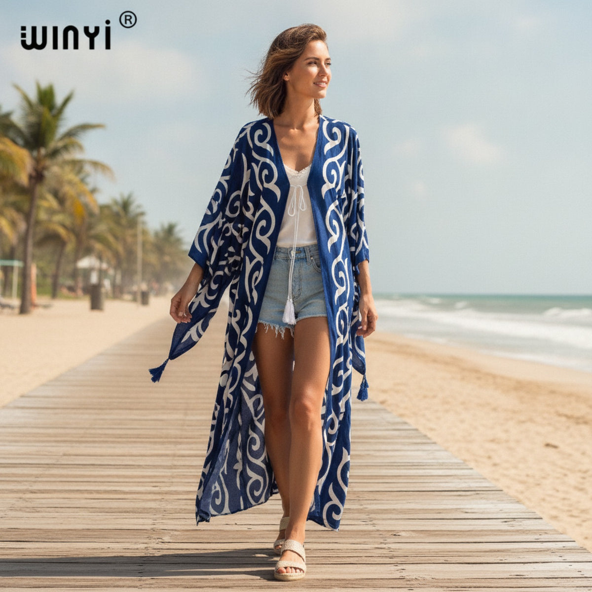 Kimono Long Bohème Femme Imprimé Fleuri Manches Chauve-Souris
