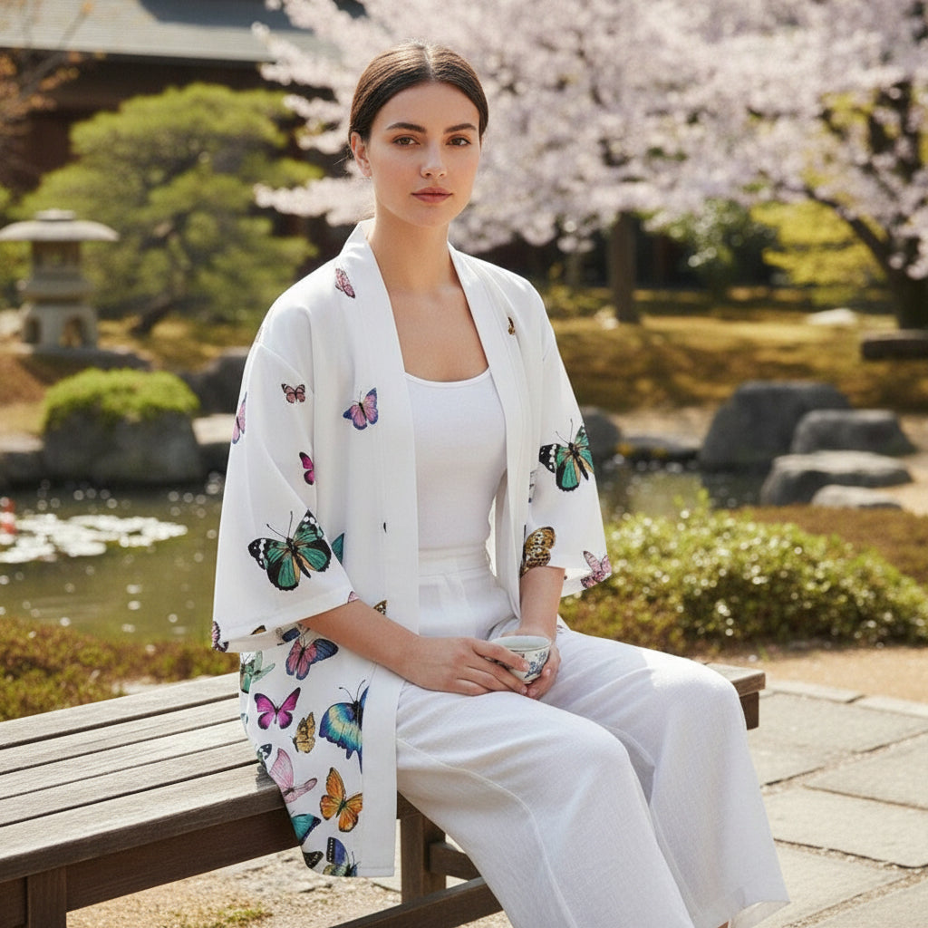 Kimono Court Femme Style Sakura & Papillon - Polyester Léger et Respirant