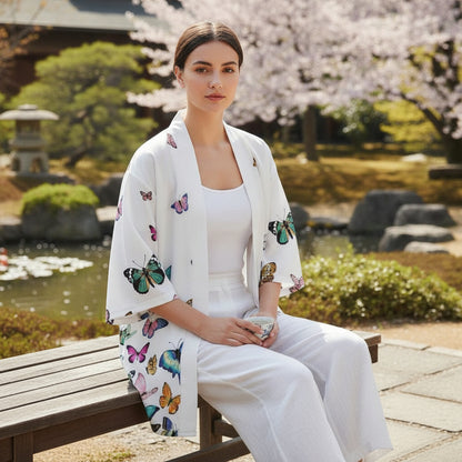 Kimono Court Femme Style Sakura & Papillon - Polyester Léger et Respirant