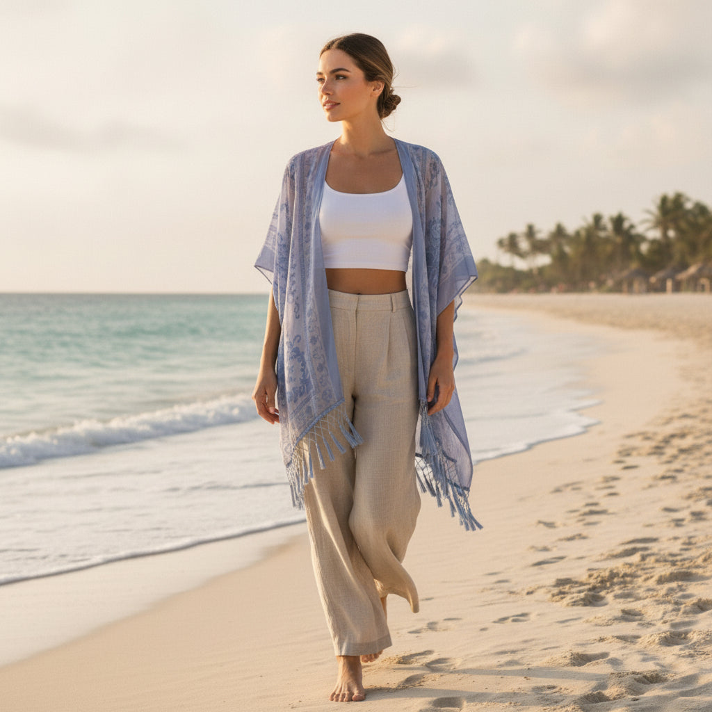 Kimono Court Fleuri en Nylon et Velours - Style National