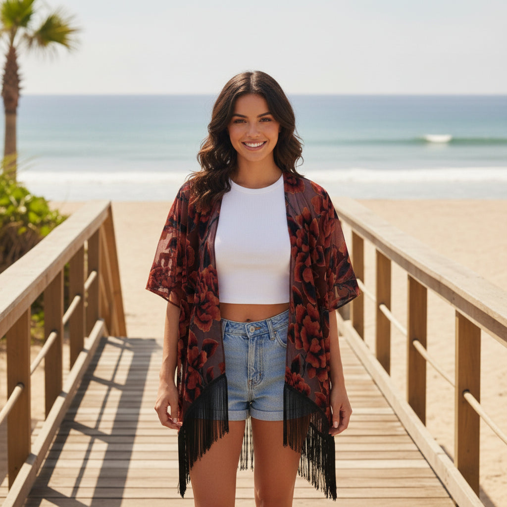 Kimono Court Fleuri en Nylon et Velours - Style National