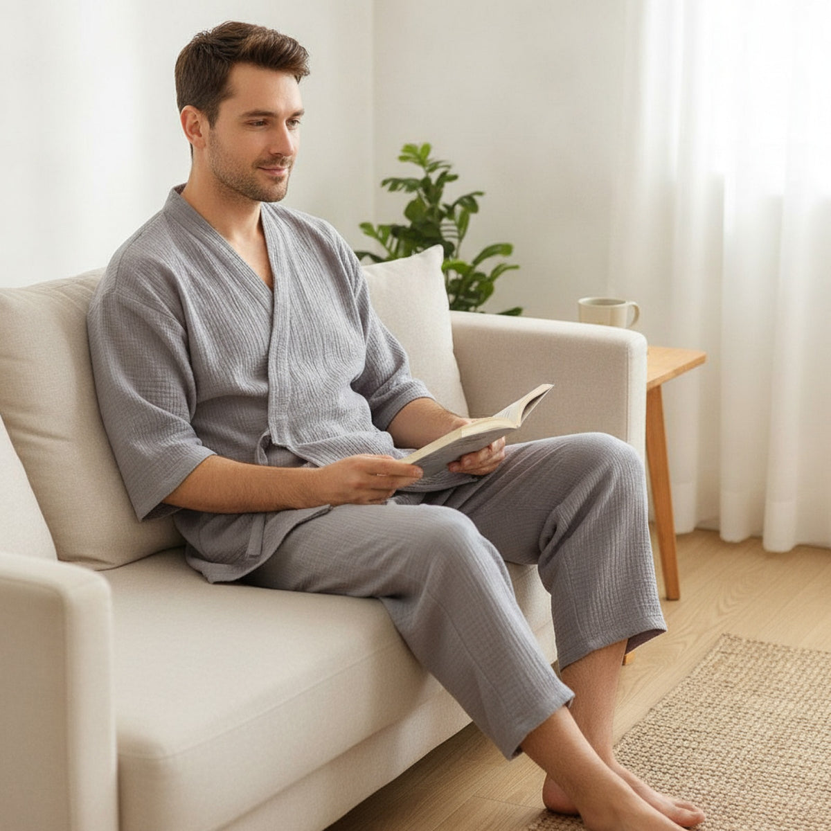Pyjama Homme en Coton Confortable - Col V et Ceinture Élastique