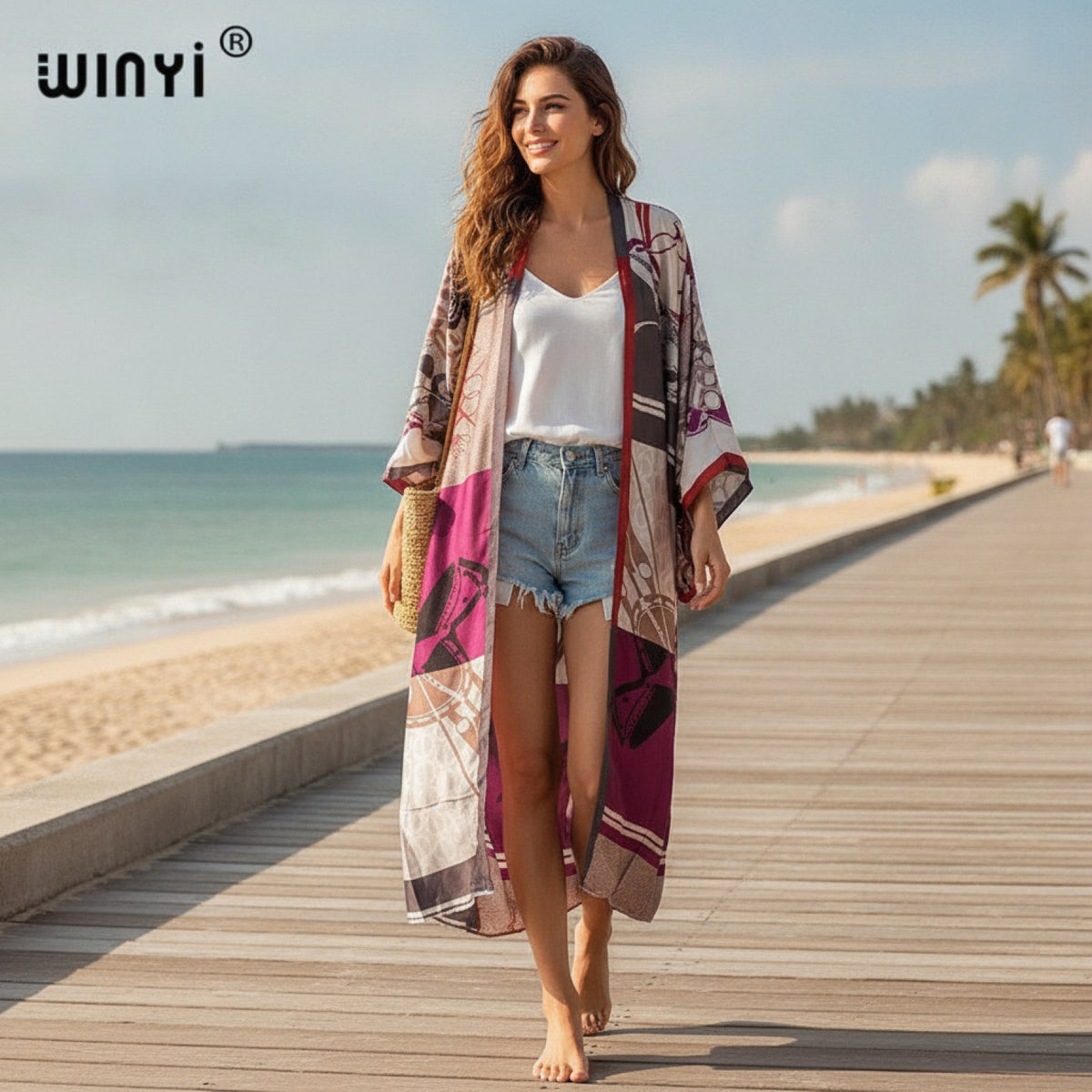 Kimono Long Bohème Femme Imprimé Polyester Léger