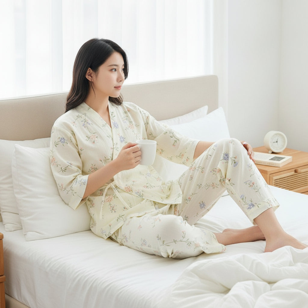 Pyjama Femme en Coton Imprimé Col V Manches Trois-Quarts - CLOUD COTTON STORY