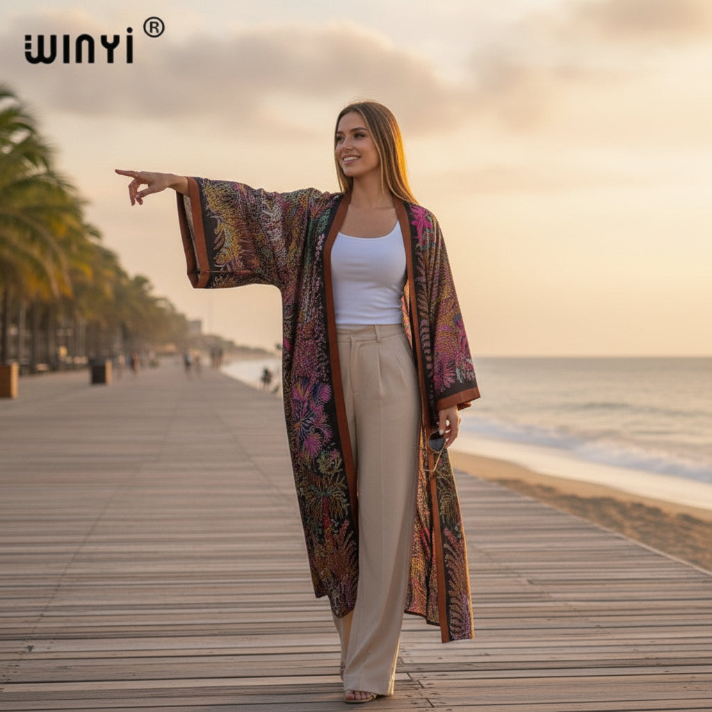 Kimono Long Bohème Imprimé Polyester pour Femme - Style Été Léger